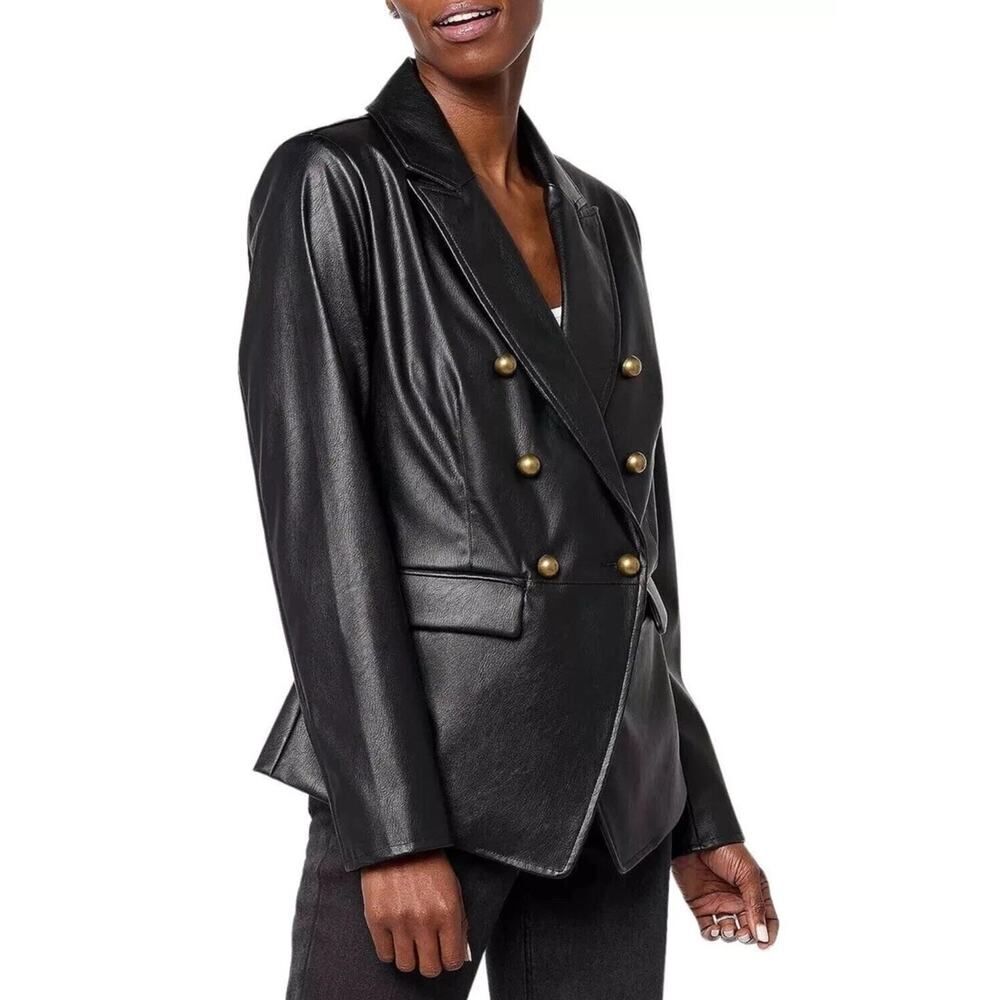 Belle by Kim Gravel Faux Leather Double-Breasted Blazer L Black Gold Buttons